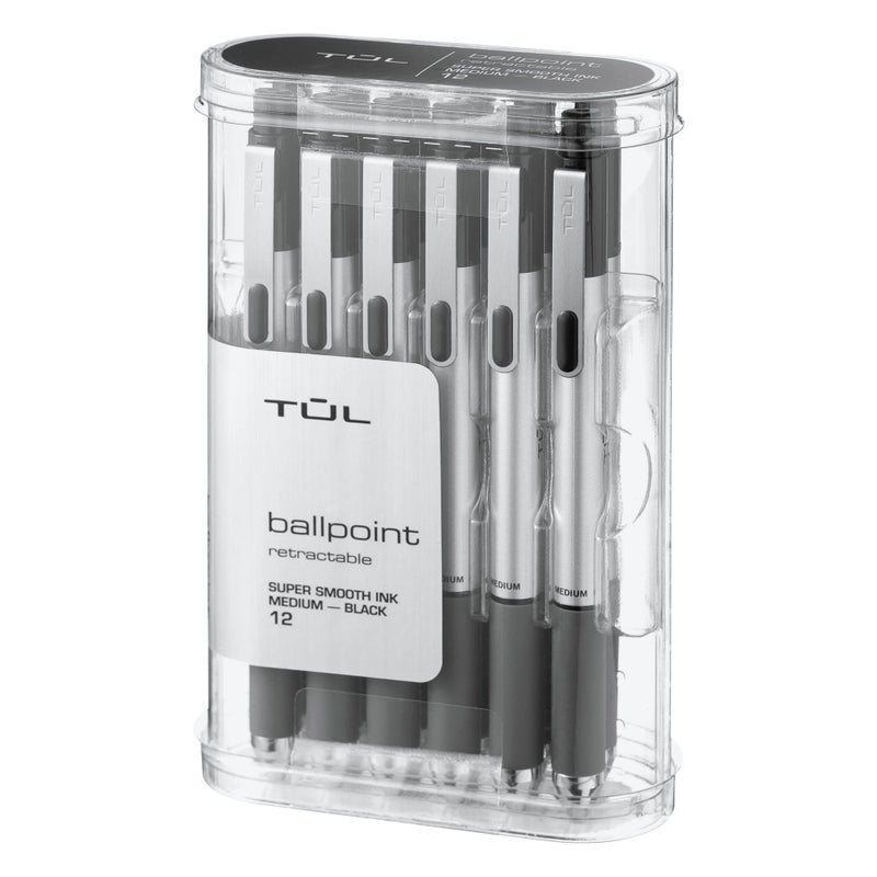 TULÂ® BP3 Retractable Ballpoint Pens, Medium Point, 1.0 mm, Silver Barrel, Black Ink, Pack Of 12 Pens - Image 1